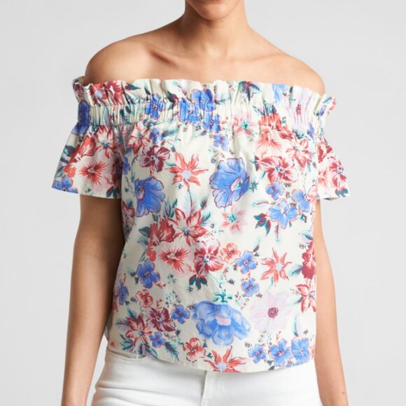 GAP Vibrant Floral Print Short Sleeve Off-Shoulder Blouse Medium - Picture 1 of 6